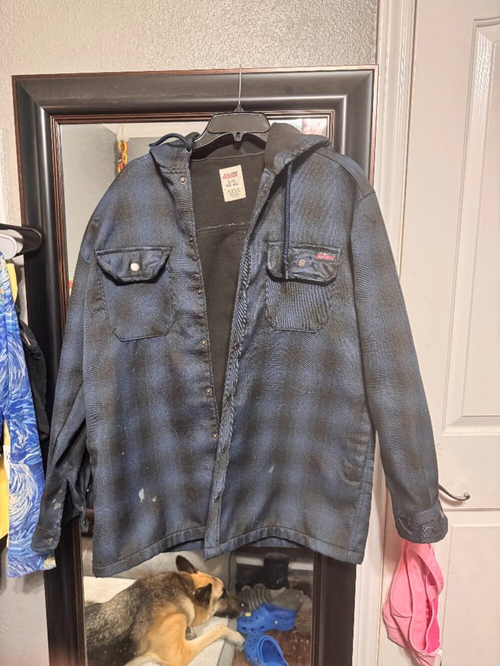 Dickies Hooded Flannel Shirt Jacket Black Gray Plaid Snap Front Sz L